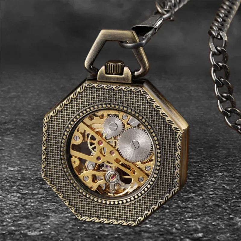 Retro Hand-winding Mechanical Pocket Watch for Men Women Octagon Shape Skeleton Clock Pendant FOB Chain Gift