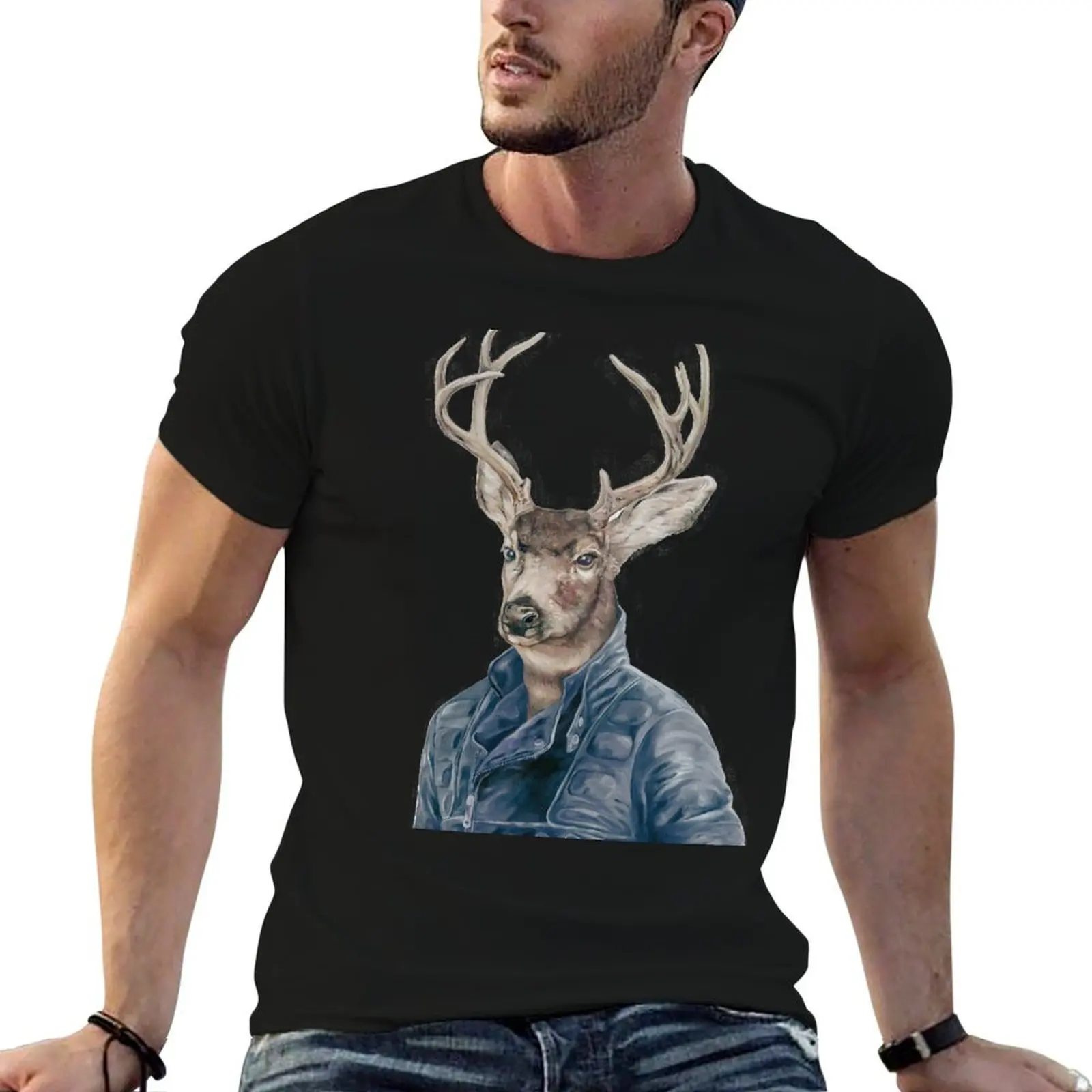 Deer in Navy Blue T-Shirt Athletic Fit Sports Short Sleeve Top