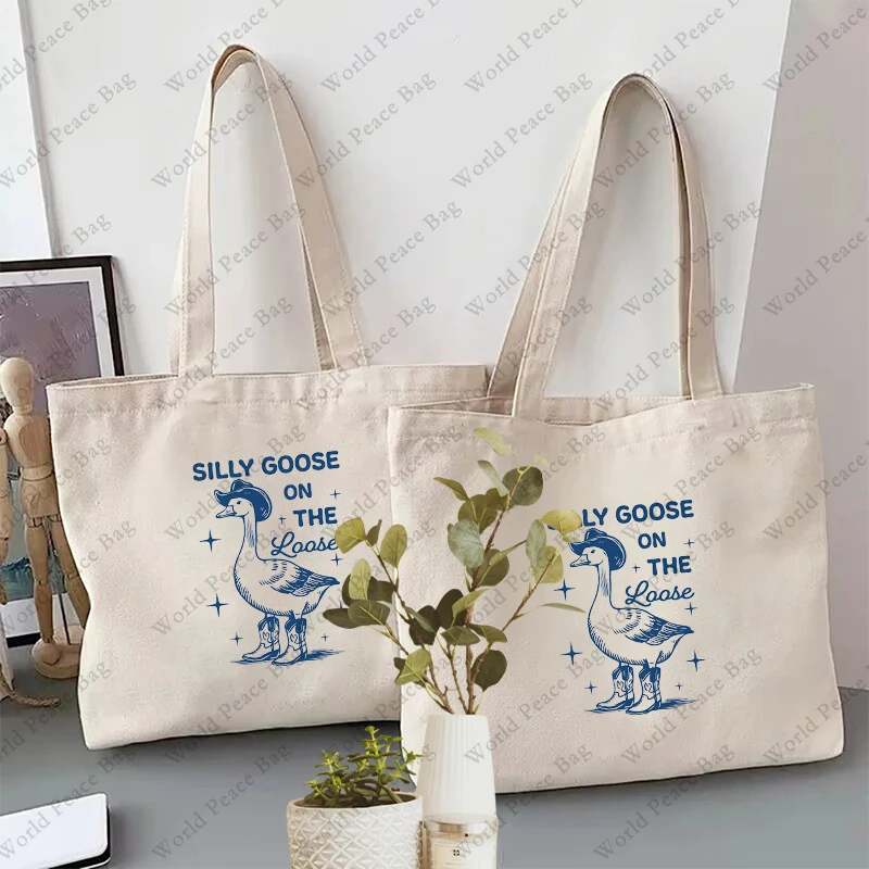 1 pc Silly Goose On The Loose pattern Tote Bag Canvas Shoulder Bag For Travel Daily Commute Women\'s Reusable Shopping Bag