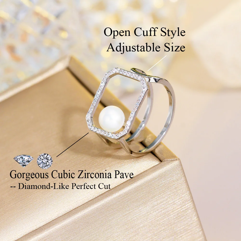 CWWZircons Resizeable Shiny White Cubic Zirconia Paved Creative Geometrical Rectangle Pearl Rings for Women Engagement R245