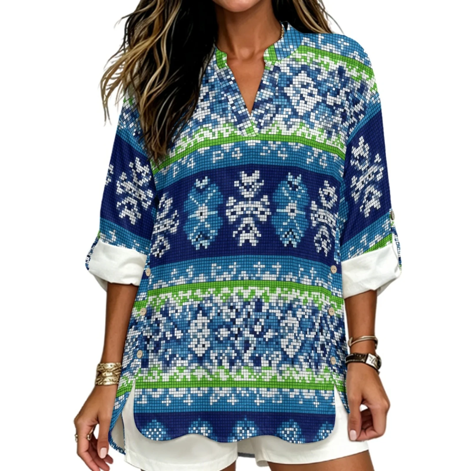 PENSTROLL Side Slit Hem Linen Style Tunic Tops for Women Roll Up Casual Loose Fit Blouses for Spring Blue Pixel Floral Print