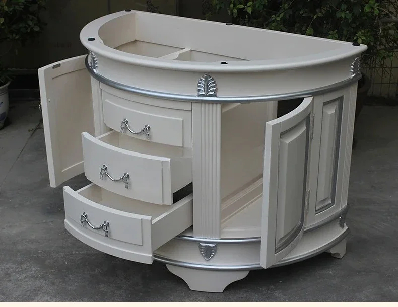 AACurved Semi-circular European Bathroom Cabinet, Oak Solid Wood Bathroom, Hand Washbasin Cabinet, Combination Washbasin