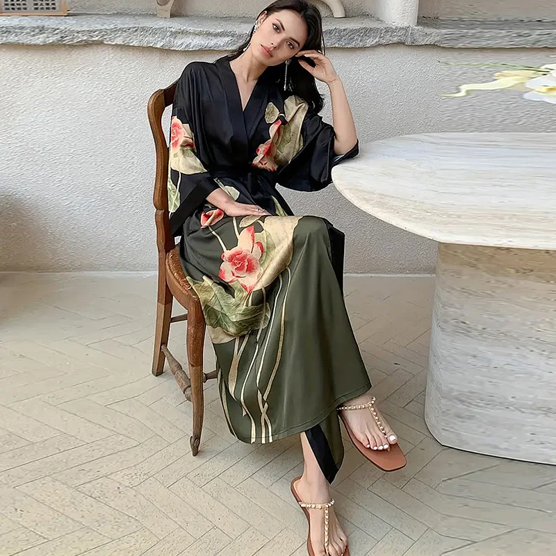 الأوروبية والأمريكية الرجعية أنيقة فضفاضة الأزهار طباعة منتصف طول كيمونو سترة Haori سترة الصيف التعادل متابعة يوكاتا رداء الشاطئ التستر