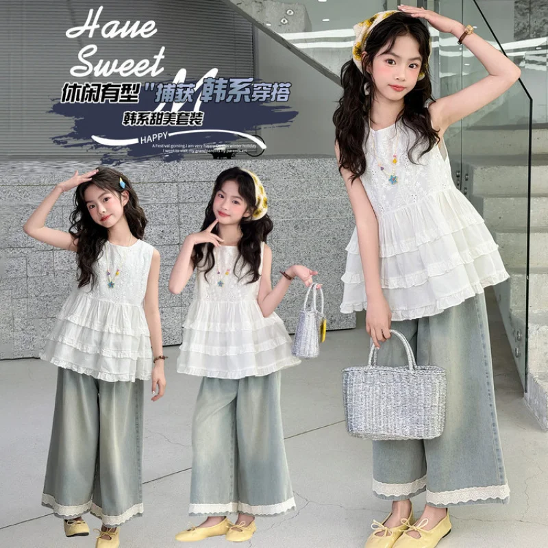 

Girls' Summer Casual Outfit New Fashionable Thin Children's Clothing Girls' Summer Sleeveless Jeans Two-Piece Set