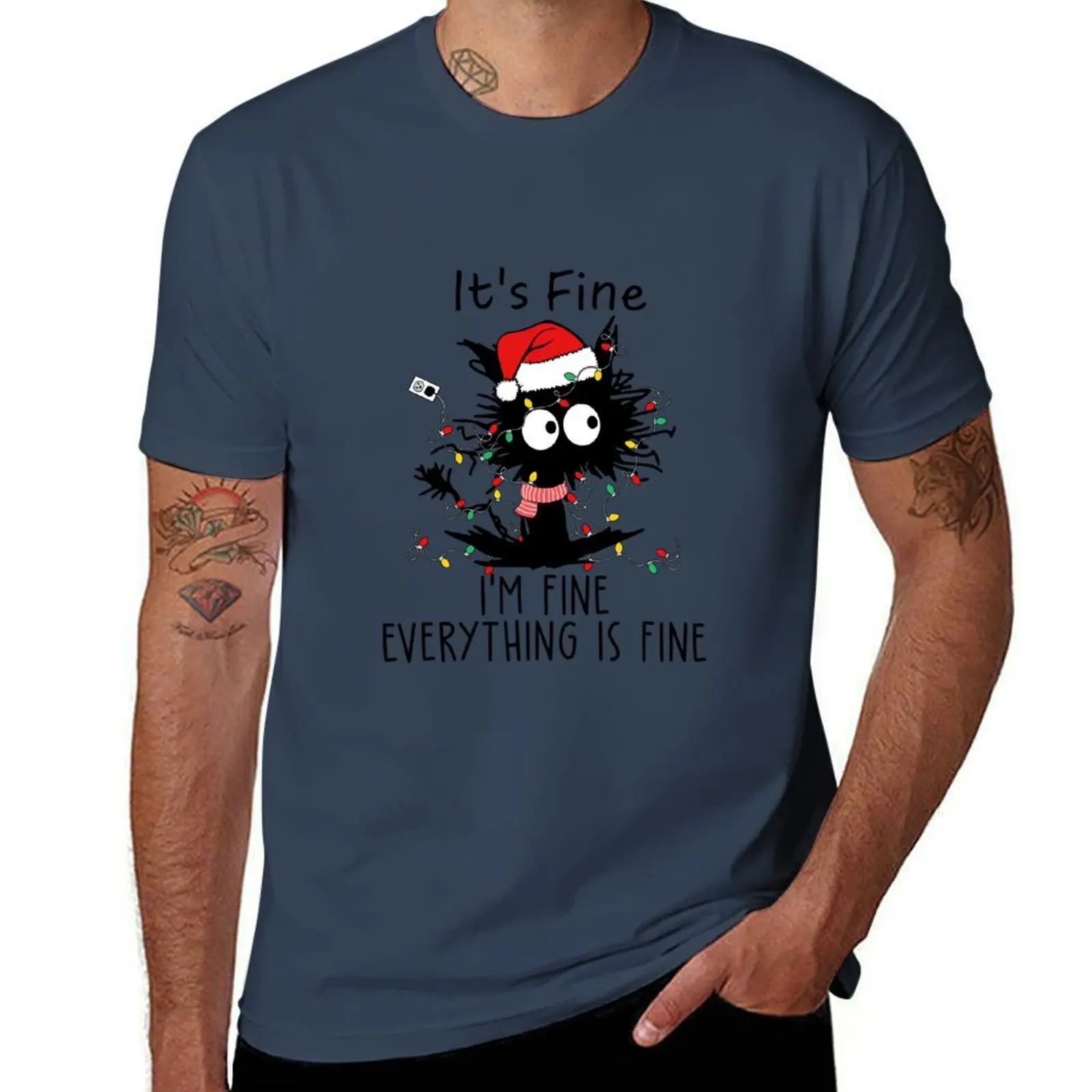 

It's Fine I'm Fine Everything Is Fine Black Cat Christmas Lights T-Shirt sweat luxury clothing labubu t shirts for men cotton