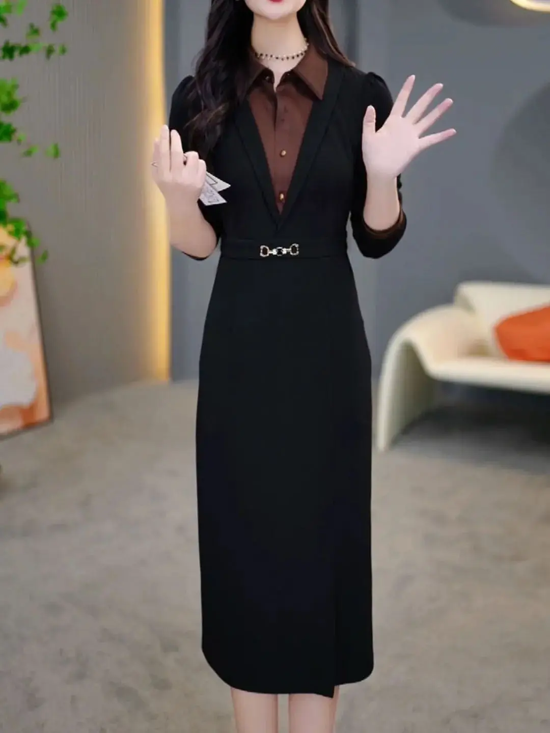 Women\'s High End Temperament Solid Color Autumn New Fashion Slimming Belly Covering Spliced Mid Length Long Sleeves Dresses