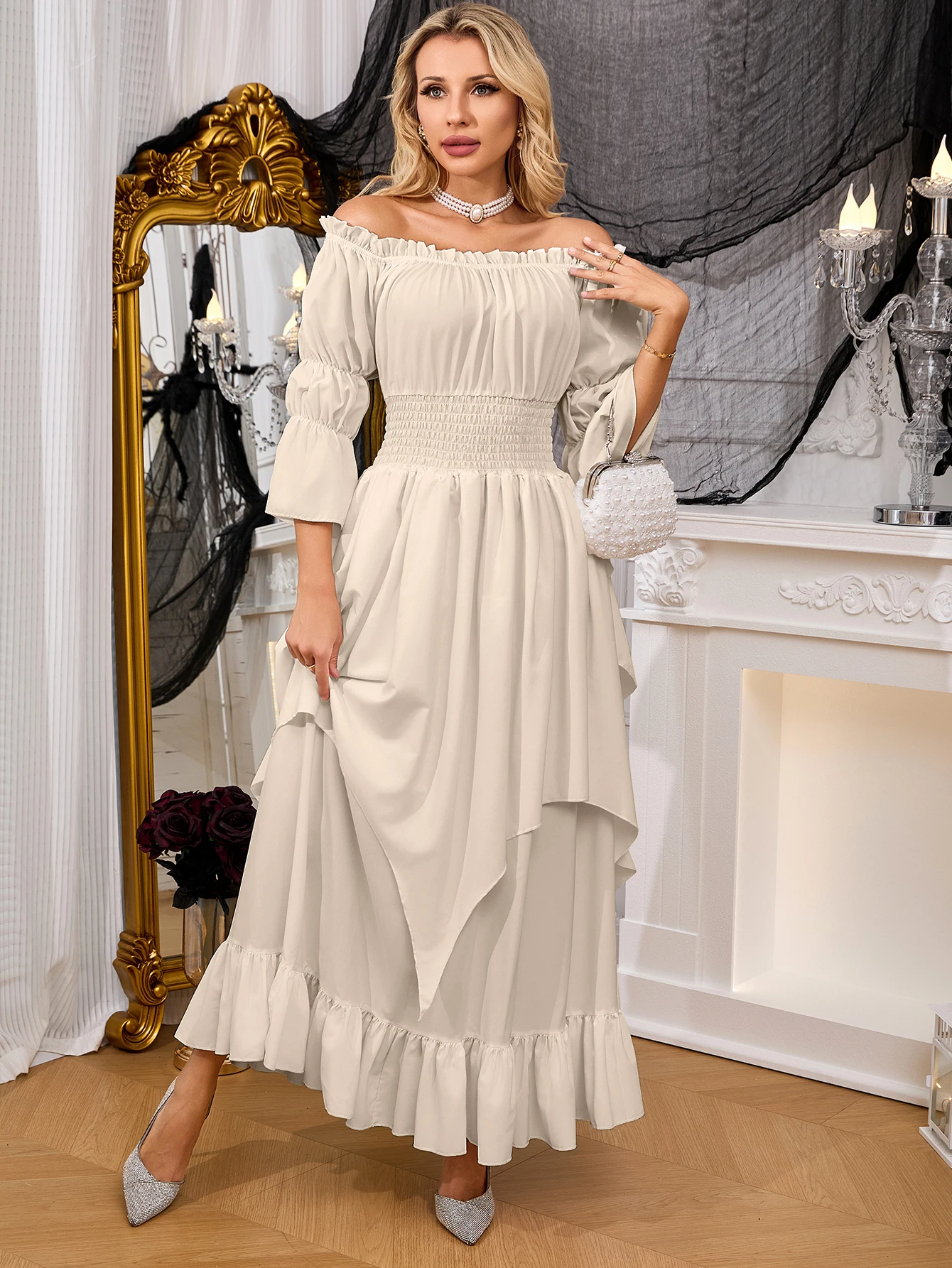 Beige Off Shoulder Ruffle Maxi Dress Smocked Waist Layered Irregular Hem Flare Sleeve Party Dress