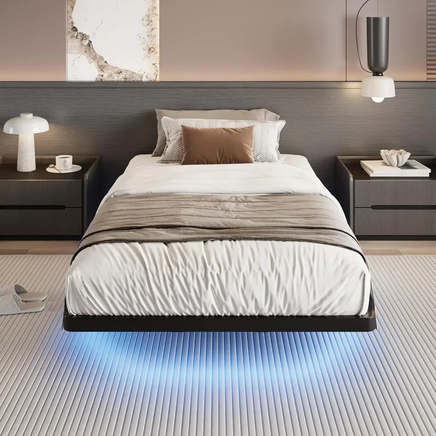 SHA CERLIN Floating Bed Frame Twin Size with Smart LED Lights and Charging Station, Heavy Duty Metal Platform Bed with Modern De