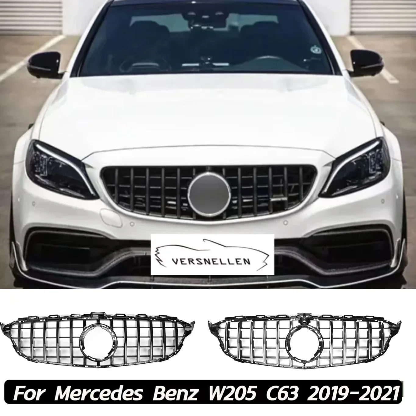 Front Grille For Mercedes Benz W205 C63 AMG 2019-2021 GT Style Black/Silver Car Upper Bumper Hood Mesh Grid Racing Grills