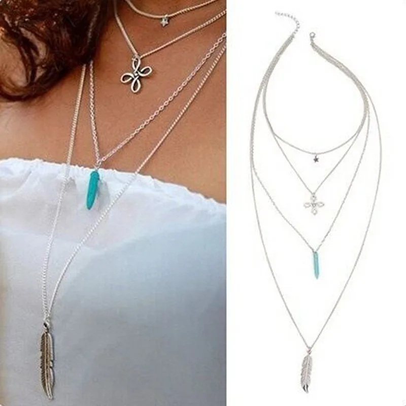 2026 New Jewelry Multilayer Crystal Leaf Long Pendant Necklaces Fashion Jewelry 4 Layer Chain Necklace For Women