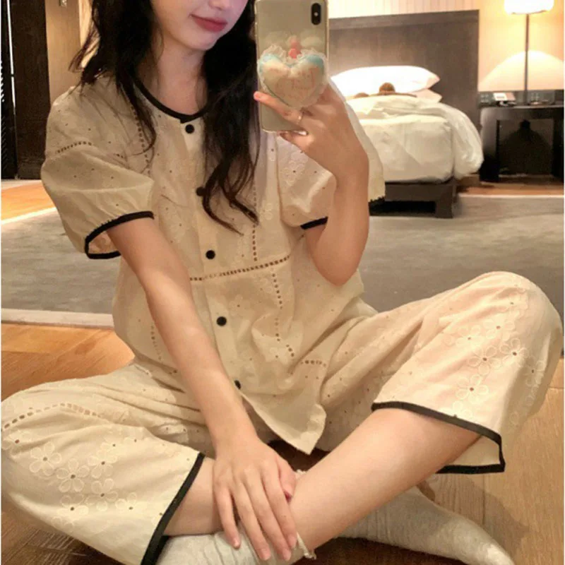 Women's Casual Pajamas Set 2024 Summer Short Sleeve Pants 2 Piece Sets for Women Home Lace Mixed Color Button Apricot Sleepwear