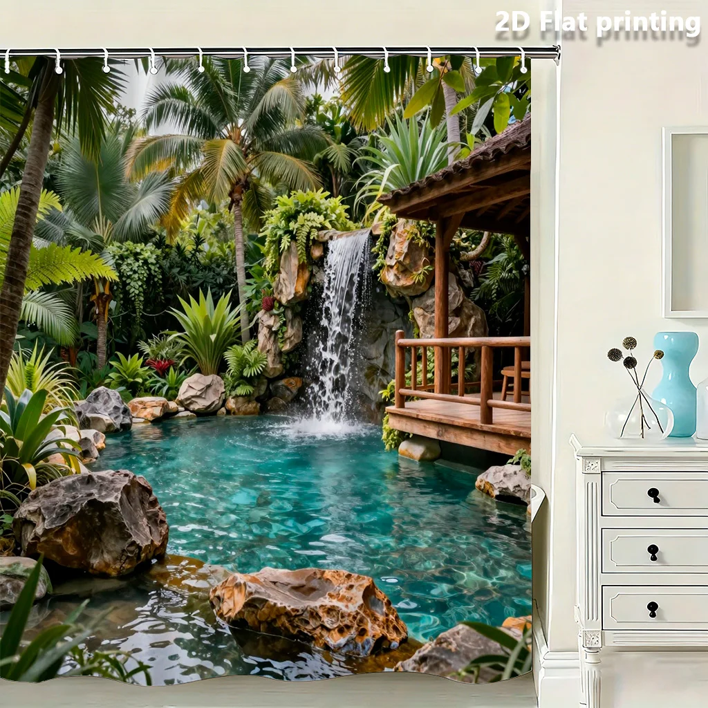 

Tropical Waterfall Shower Curtain, Lagoon Pool Bathroom Decor, Palm Tree Jungle Landscape, Waterproof Polyester Bath Curtain