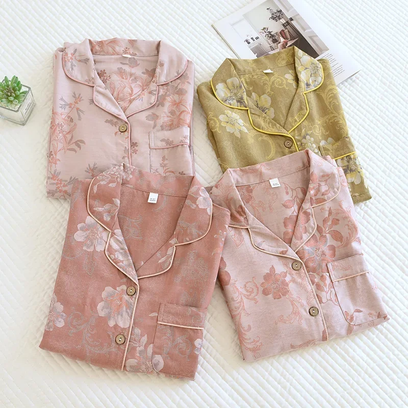 

Новинка 2023 года, весенне-осенний женский пижамный комплект из 100% хлопка, креповый принт, брюки с длинными рукавами, домашний костюм из двух предметов, одежда для сна