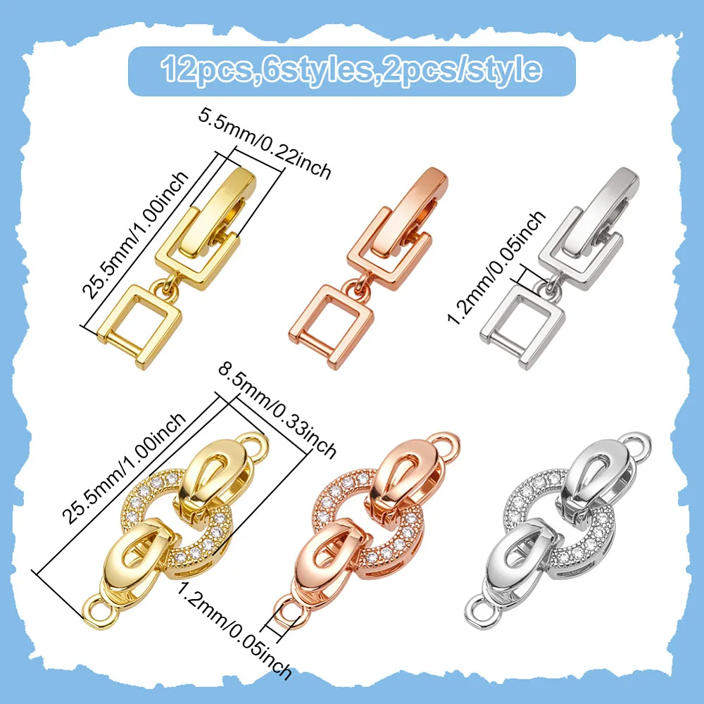 12Pcs Fold Over Clasp 3 Color Brass Cubic Zirconia Extension Clasp Snap Lock Closure End Caps Watch Platinum Rose Gold