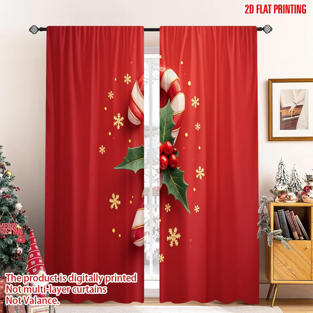 

2pcs 2D flat printing Merry Christmas Popular Party Window Curtains Candy Cane Holly Snowflakes Festive 100% Polyester Without