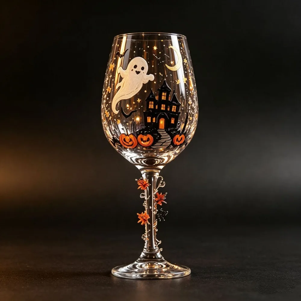 Clear Glass Halloween Painted Wine Glass Hand-Painted Gothic Witch Pumpkin Wine Cup Black Cat Spooky Halloween Drinking Cup