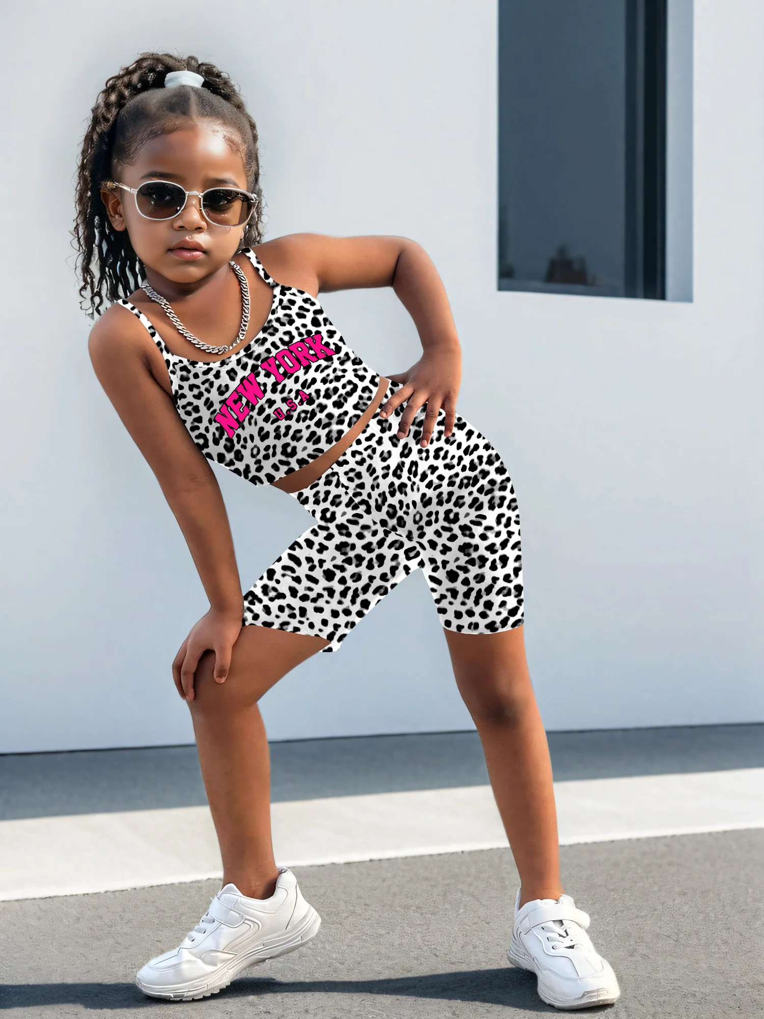 Girls 2 Piece Leopard Print Outfit New York USA Graphic Cami Top & Biker Shorts Kids Summer Streetwear Set