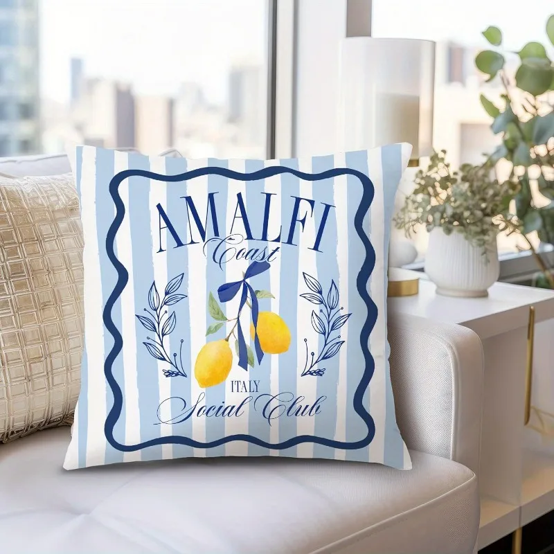 Short Plush “Amalfi Coast Lemon” Pillowcase 18x18 Inch Double Sided Printed Zipper Cushion Cover Mediterranean Summer Decor