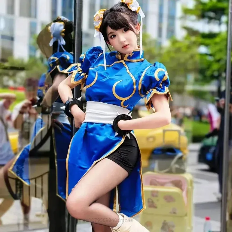 XT8Chunli زي لعبة شخصية الشارع الفتوة كاملة تأثيري شيونغسام هالوين مثير مجموعة سوار أغطية الرأس @ XT6!