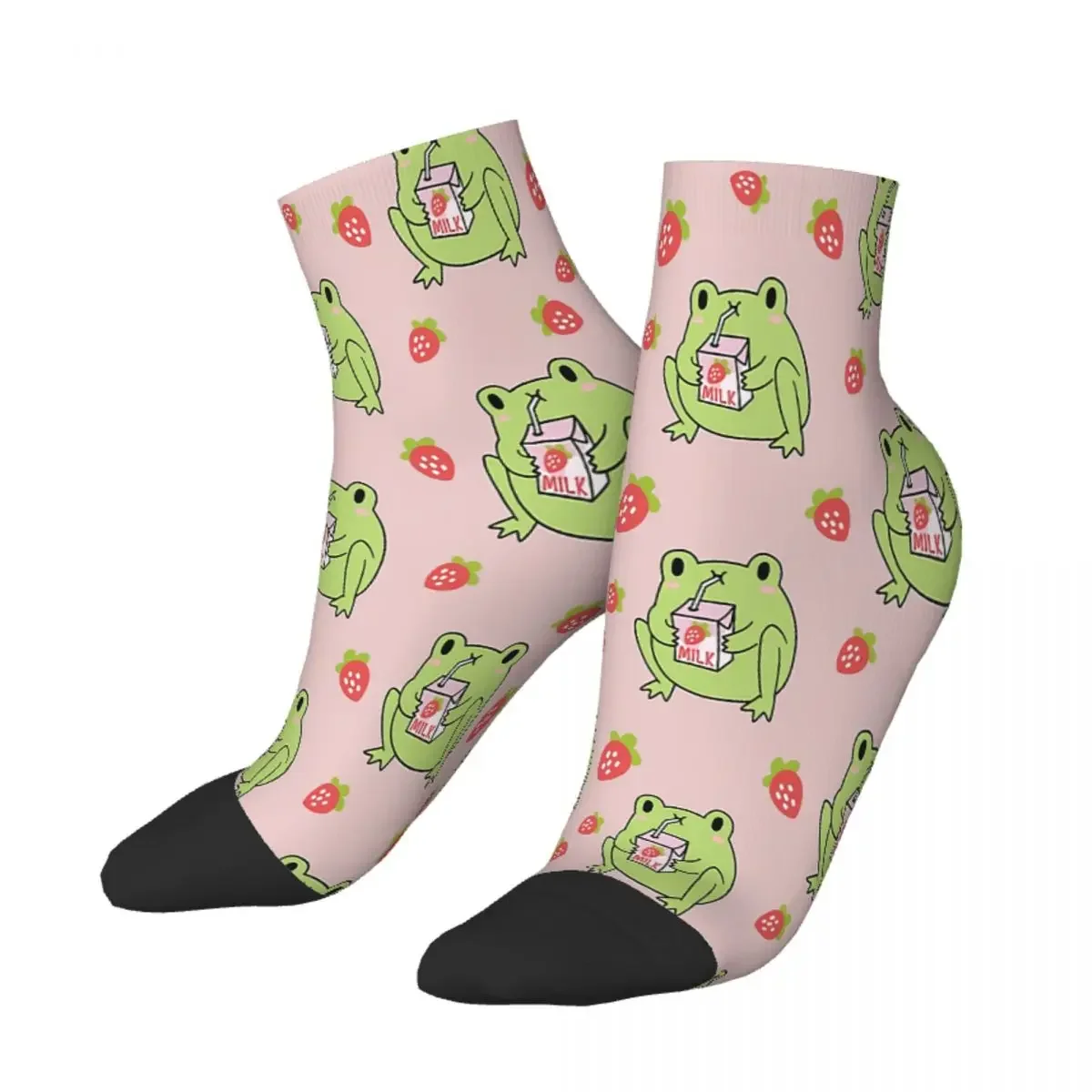 Cute Strawberry Milk Frog Drink Ankle Socks Male Mens Women Autumn Stockings Hip Hop