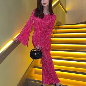 Odimi-Pelsado Frauen plurisches Einkommen, Ausschnitt in O, Langarm, dünn, Knöchellänge, elegant, klassisch, fashion, 2023 8 Hauptverkäufe rosa Kleid rosa - №8