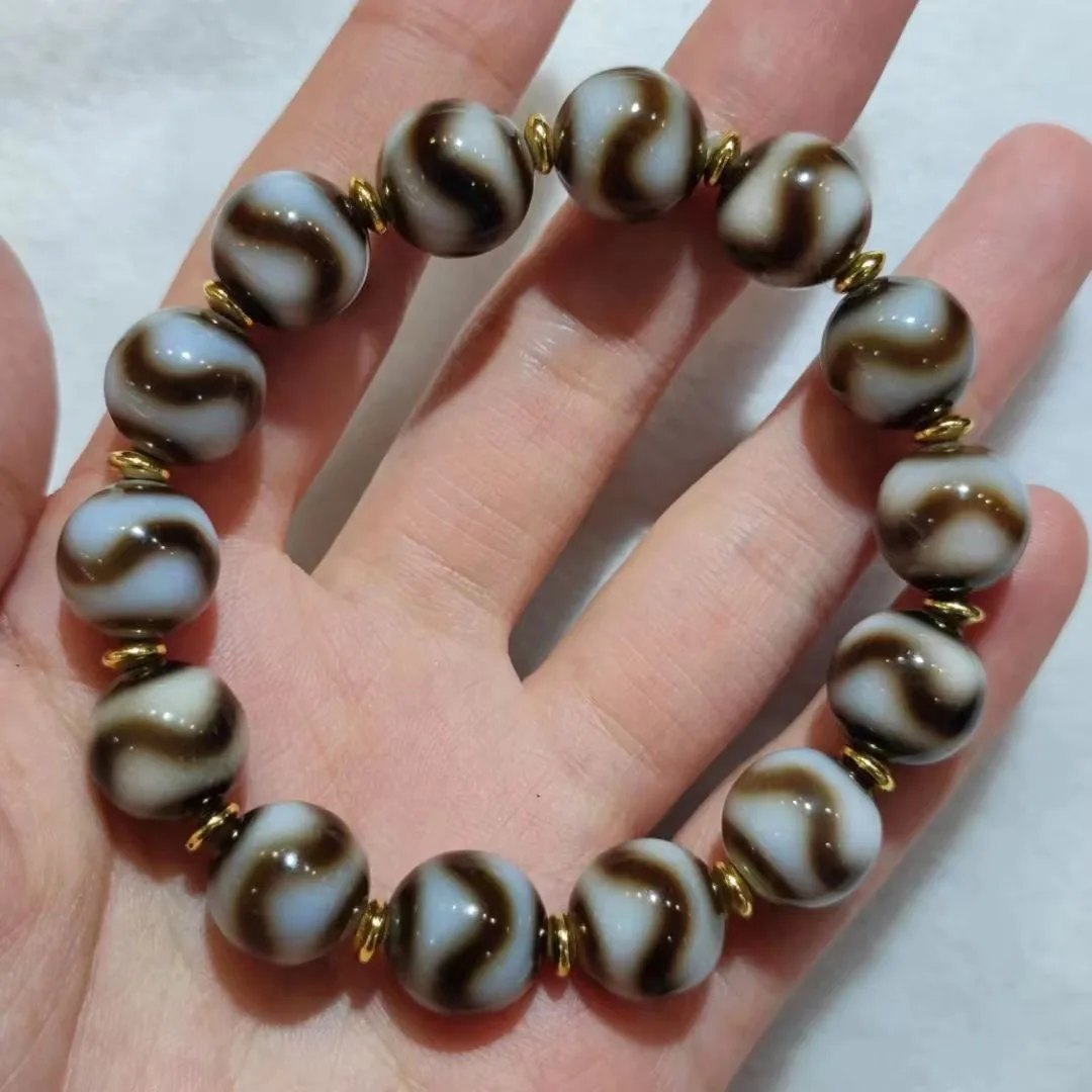 1pcs/lot Natural Agate Bead Bracelet / Tiger tooth pattern / 12mm 10mm Retro ethnic style Pretty and stylish Men's women's style