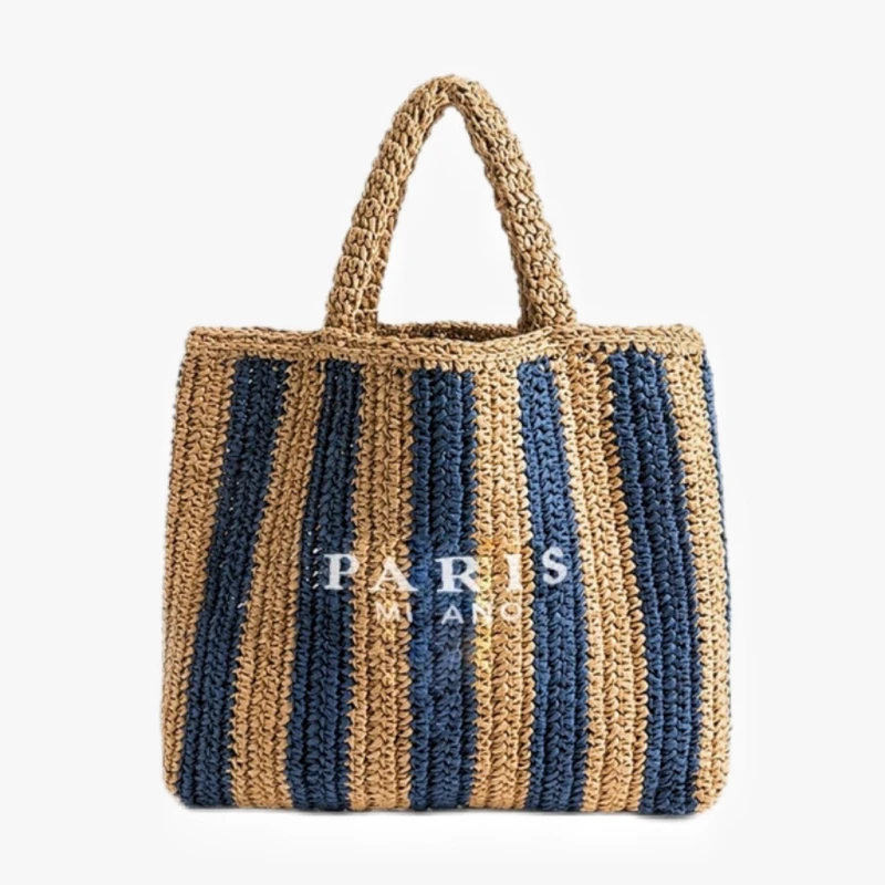 Bolso de hombro tejido de paja para playa a rayas para mujer, bolsos tejidos a mano con agujeros, bolso informal portátil de gran capacidad para