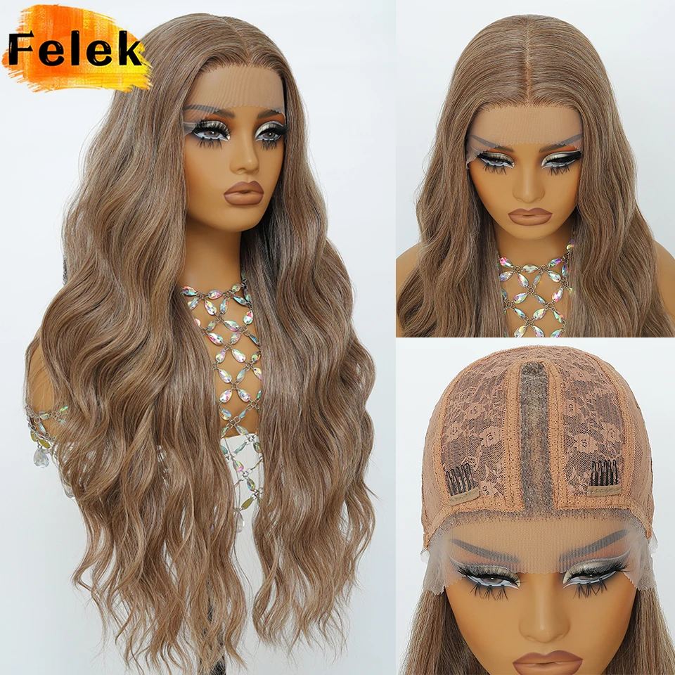 28インチ ブラックレースウィッグ 女性用 ロング合成ウェーブウィッグ ミドルパート オンブレブラウン カールウィッグ 自然な見た目 デイリーパーティー用