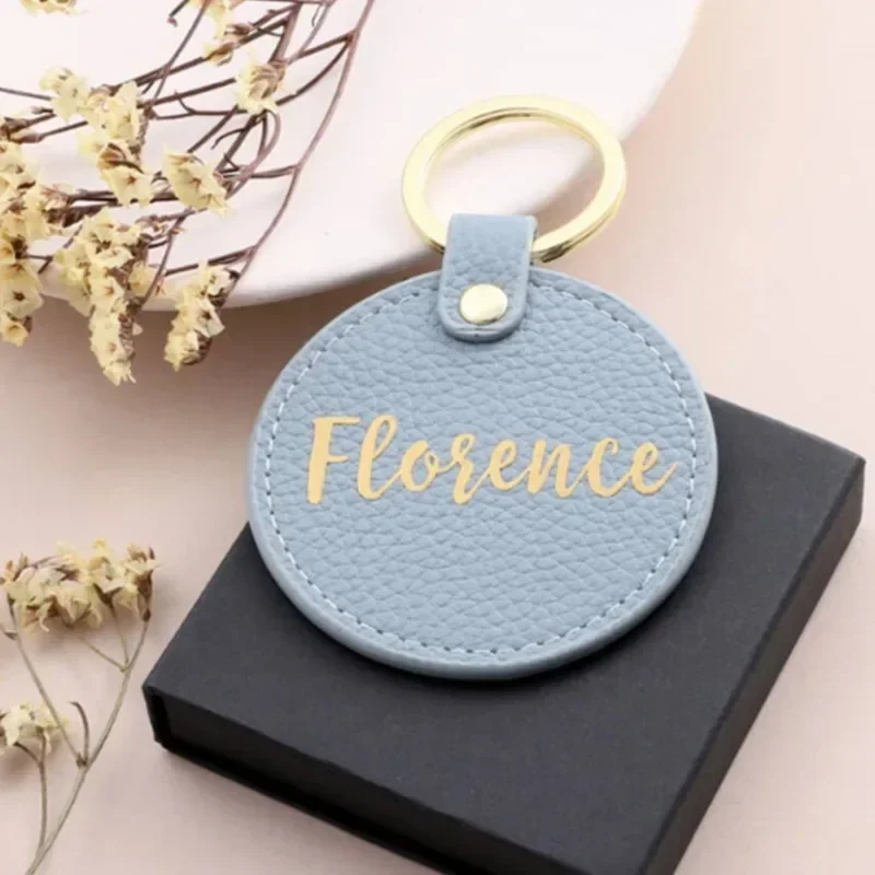 Round Custom Logo Lychee Patterned PU Leather Keychain Laser Engrave Bag Accessory Key Chain Holder Personalize Round Keyring