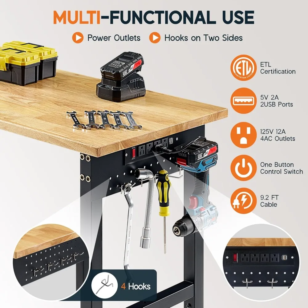منضدة عمل قابلة للتعديل مقاس 44 × 20 مع منافذ طاقة، منضدة عمل خشبية شديدة التحمل بقوة 2000 رطل مع خطافات، سطح من الخشب المطاطي الصلب #6