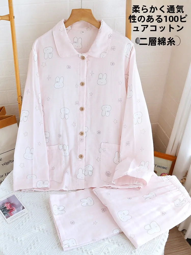 vetements-d'interieur-100-coton-pour-femme-collection-printemps-automne-en-gaze-de-coton-pur-motif-lapin-de-dessin-anime-col-rabattu-coupe-ajustee-rose