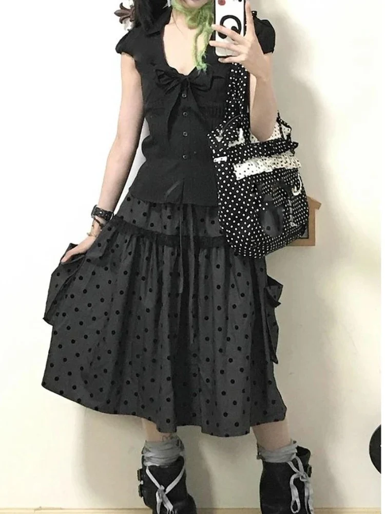 

American Y2k Vintage Gray Polka Dot Skirts Summer Subcultural A-line Skirt For Women Lace Patchwork Women's Clothing