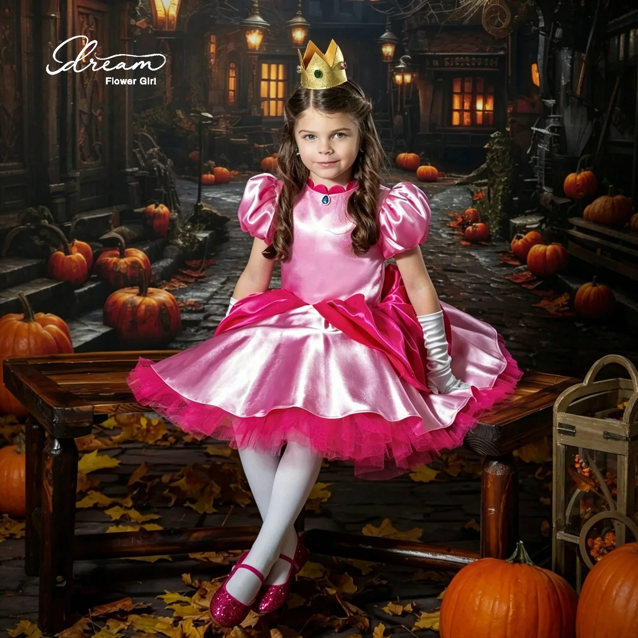 Classic pink knee-length formal party princess dress, featuring petal sleeves and a rounded lace neckline.