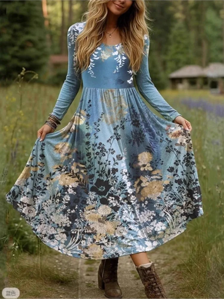 Casual Print Loose Dress For Women Fashion O Neck Long Sleeve Boho Holiday Vintage Dresses Vestidos Y2k Women's Clothing Autumn