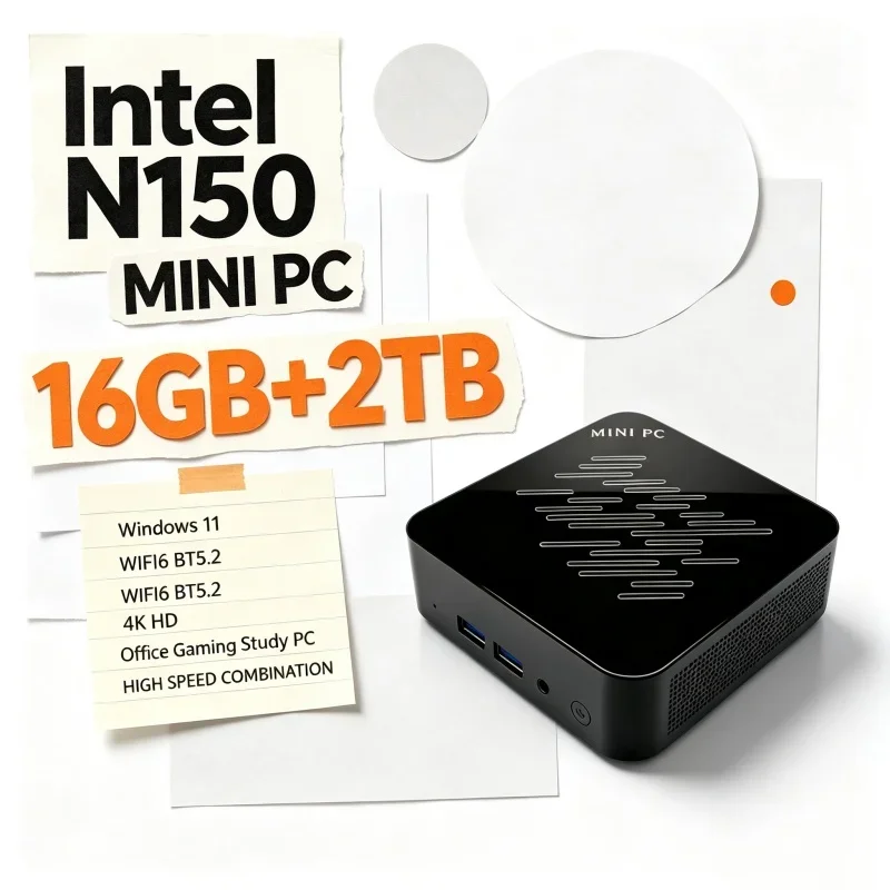 Multicolor Mini PC Intel N150 Processor 16GB RAM 1TB 2TB SSD Windows11 WiFi 6 BT5.2 Mini Host For Office Household Daily Usage