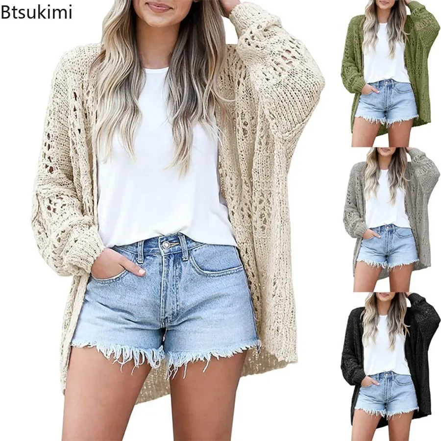 2024 Women\'s Kniited Cardigan Jacket Open Stitch Hollow Out Ladies\' Long Sleeve Cardigan Sweater Autumn Winter Outwear Clothes