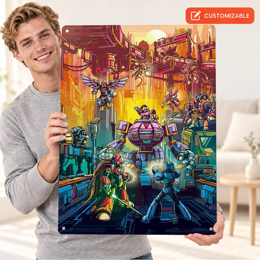 Megaman Robot City Printed Poster Customized Aluminum Metal Sign Digital Illustration Wall Art For Bedroom Housewarming Gift