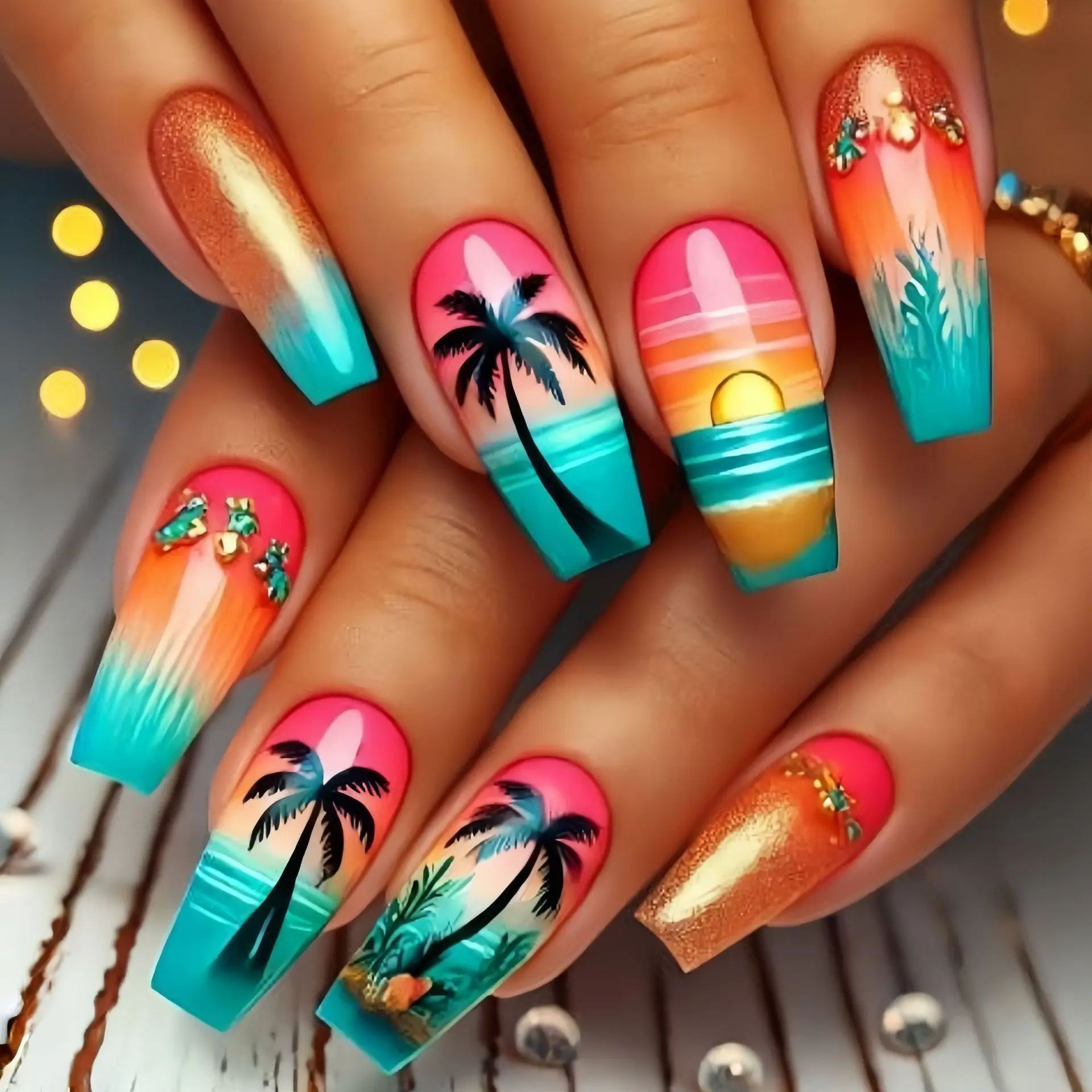 

24pcs/set Medium long fake nails Coconut Trees sunset beach Shell starfish for summer Y2K Square ballet tips press on false nail