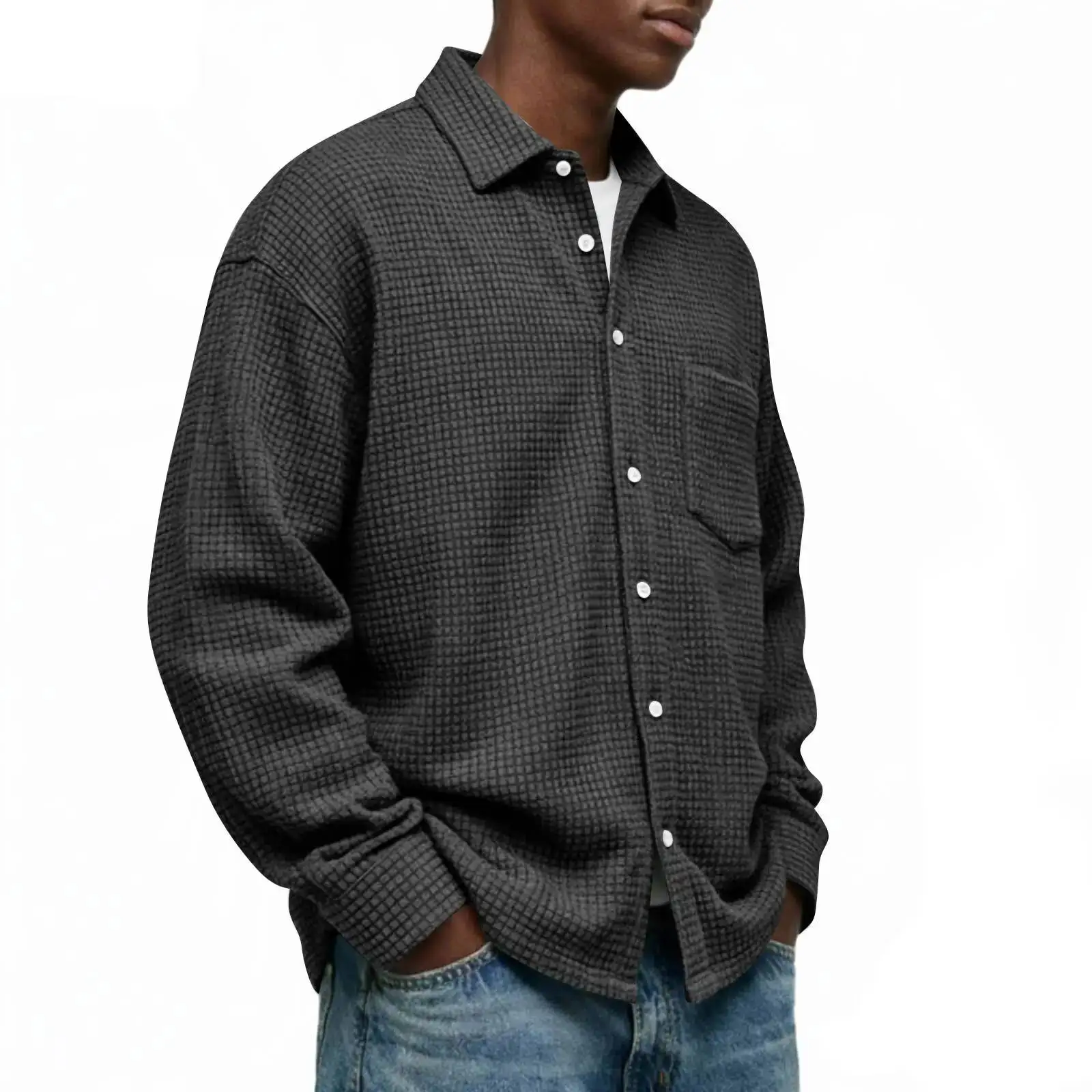 Single Breasted Checkered Long Sleeved Loose Collar Pocket Solid Color Spring And Autumn Men's Shirt