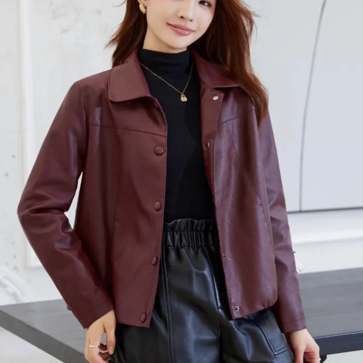 

Women's Solid Color Turn-down Collar Single Breasted Cropped Faux Leather Jacket Elegant Slimming Comfort All-match Commute Coat
