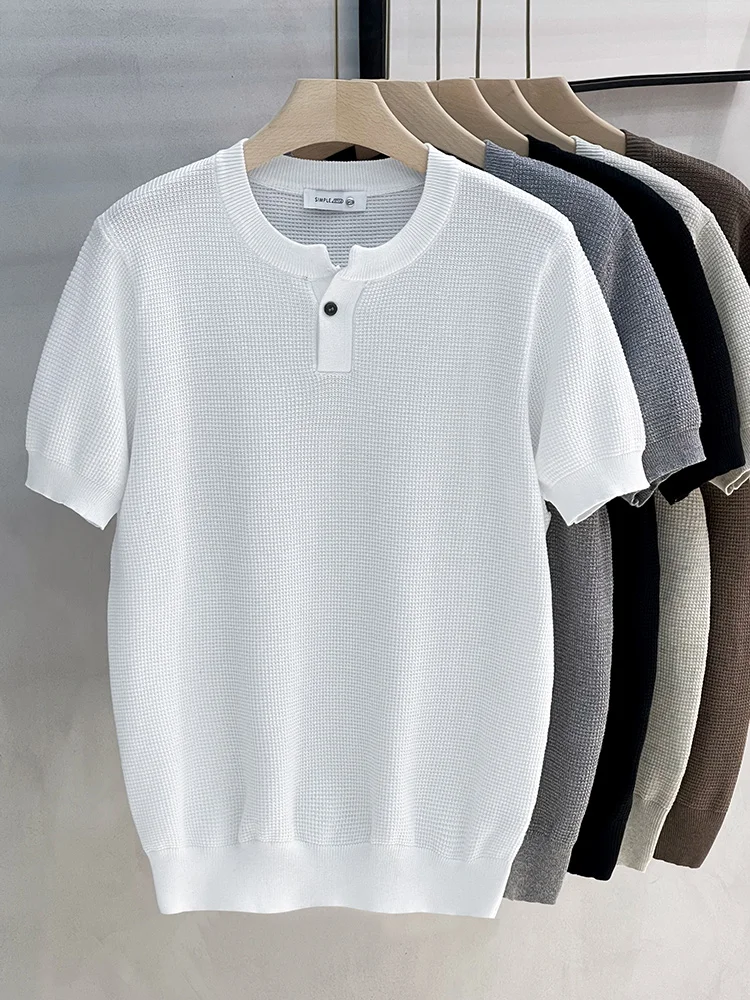 

Мужская повседневная футболка с коротким рукавом в американском ретро-стиле, с круглым вырезом, однотонная, базовая, с воротником Хенли, текстурный дизайн