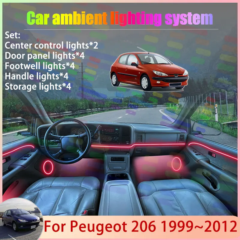 For Peugeot 206+ 207 Compact 1999~2012 2000 2001 2/18 in 1 Car Atmosphere Light Lamp RGB Shade Ensemble Streamer Atmosphere Set
