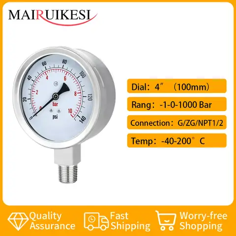 Stainless Steel Pressure Gauges 4" 100mm lower mount 1/2 -1-0-1000bar bayonet type Water Hydraulic gas vacuum manometer
