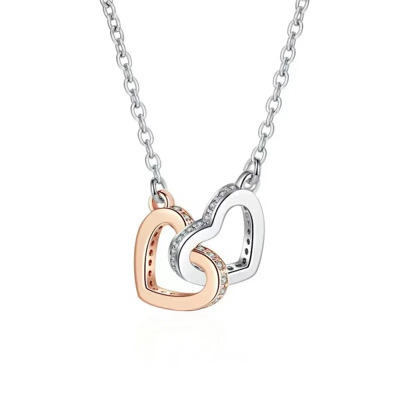 S925Plata corazón a corazón doble anillo collar de plata estilo coreano colgante Simple cadena de clavícula regalo del Día de San Valentín plata Acc