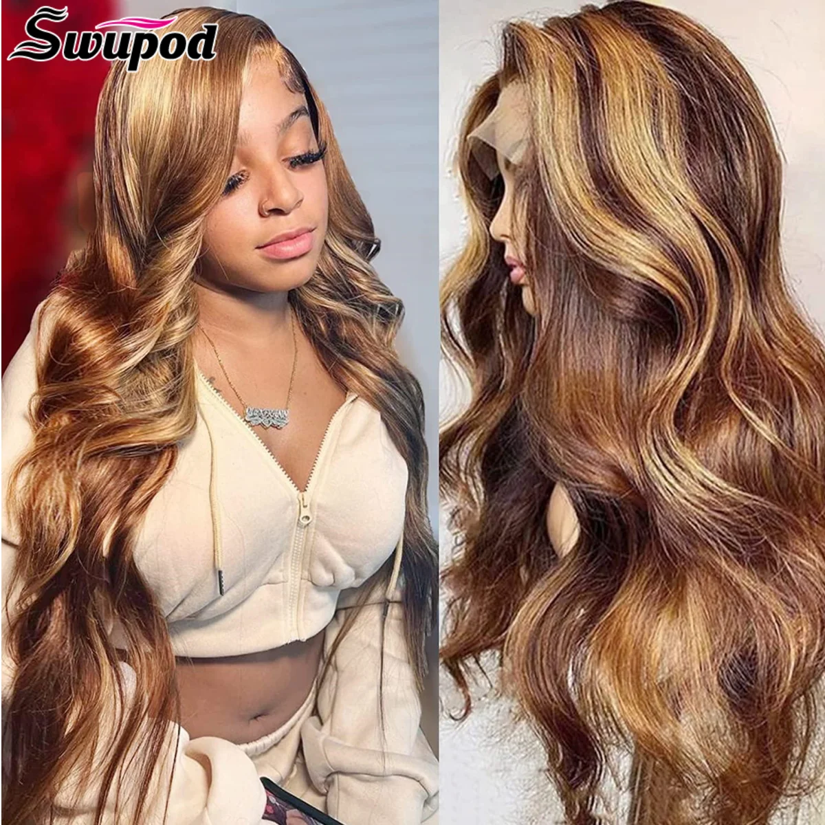 Swupod 13x4 HD Peruca Dianteira Do Laço para As Mulheres Onda Do Corpo Remy Do Cabelo Humano P4/27 Piano Ombre Loira Marrom Destaque Glueless Pré Arrastado