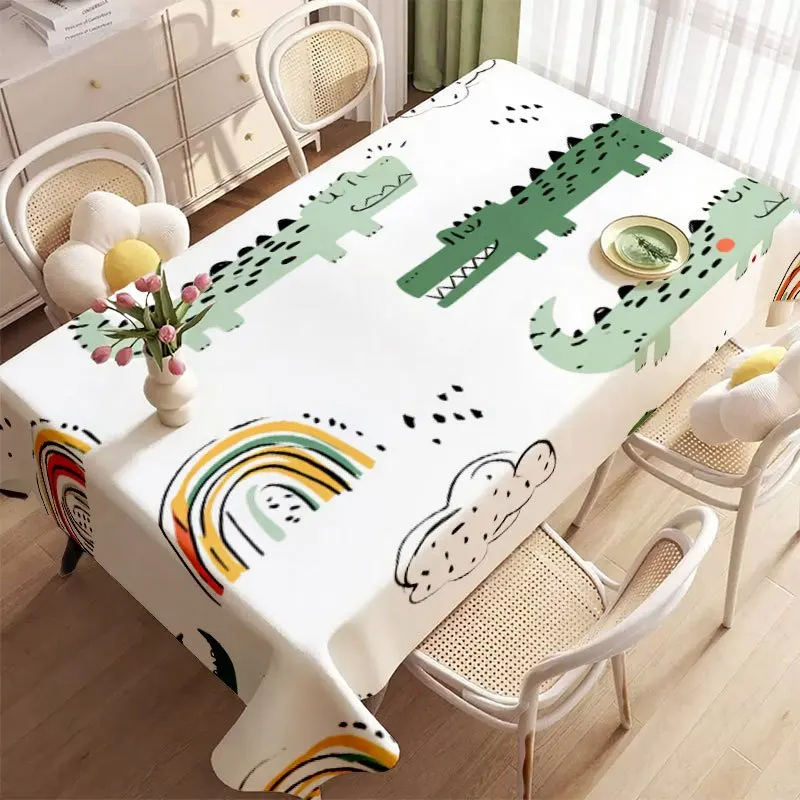 Kids Crocodile Tablecloth, White Base With Cute Croc Rainbow Graphics, Rectangular Table Cover for Sweet Family Table Decor