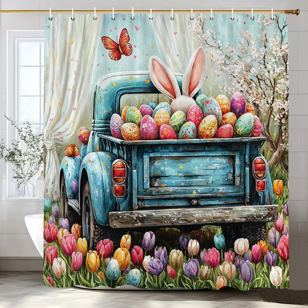 Happy Easter Bunny Eggs in Wooden Board Hole Cartoon Shower Curtain, Bathroom Decorative Shower Curtain, Home Curtain with Hooks
