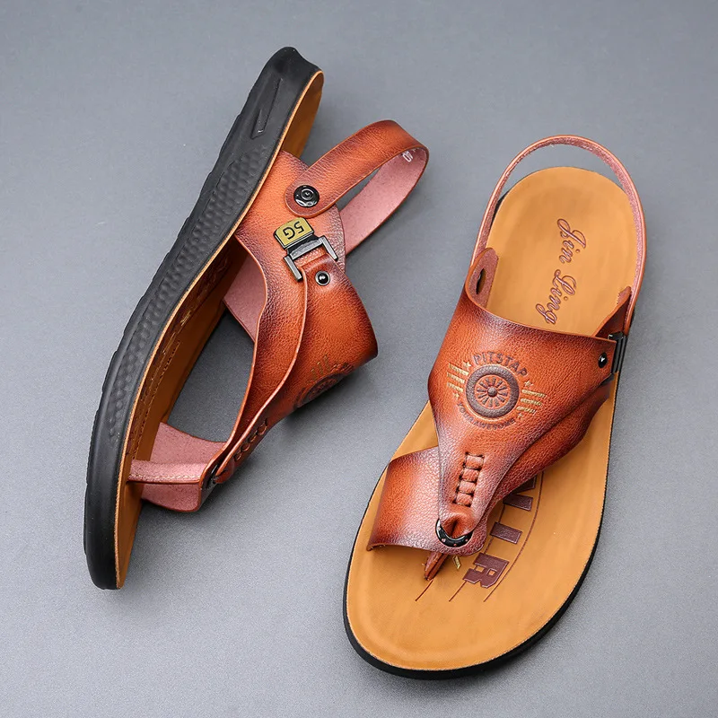 Retro Sewing Sandals Transfer Slipper Non-slip Leather Shoes for Men Comfortable Casual Summer Fashion