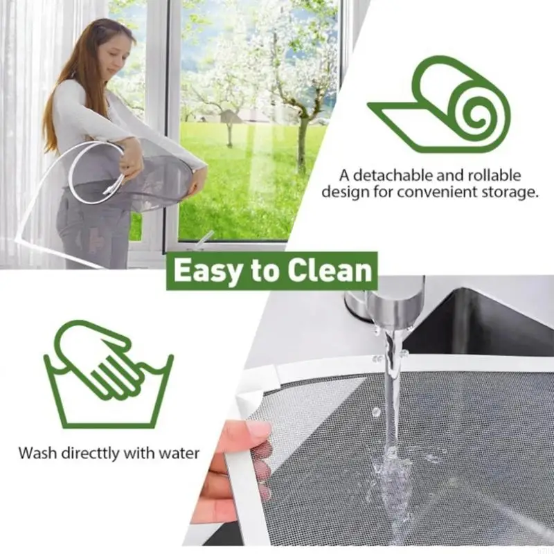 Adjustable Window Screen Fiberglass Mesh White Frame Adhesive Screen Replacement No Drilling For Secures Fit 87HA
