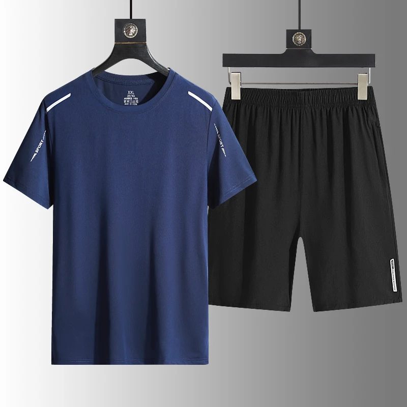 Ice Silk T-shirt Short Sleeve Capris Shorts Set Summer Thin Round Neck Quick Drying Sports Casual Two Piece Set Running Volume